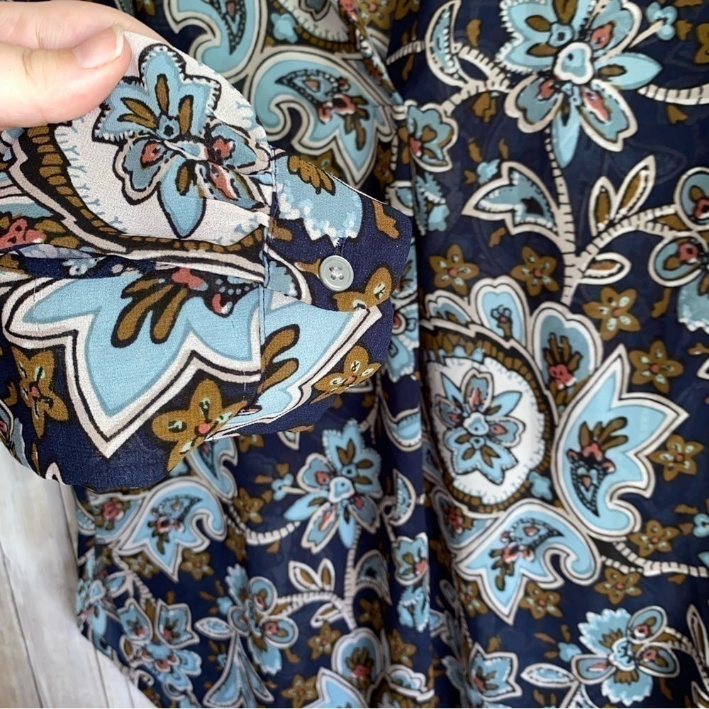 LOFT Blue Paisley Floral Popover Blouse Medium Boho Tunic Top - Picture 5 of 6